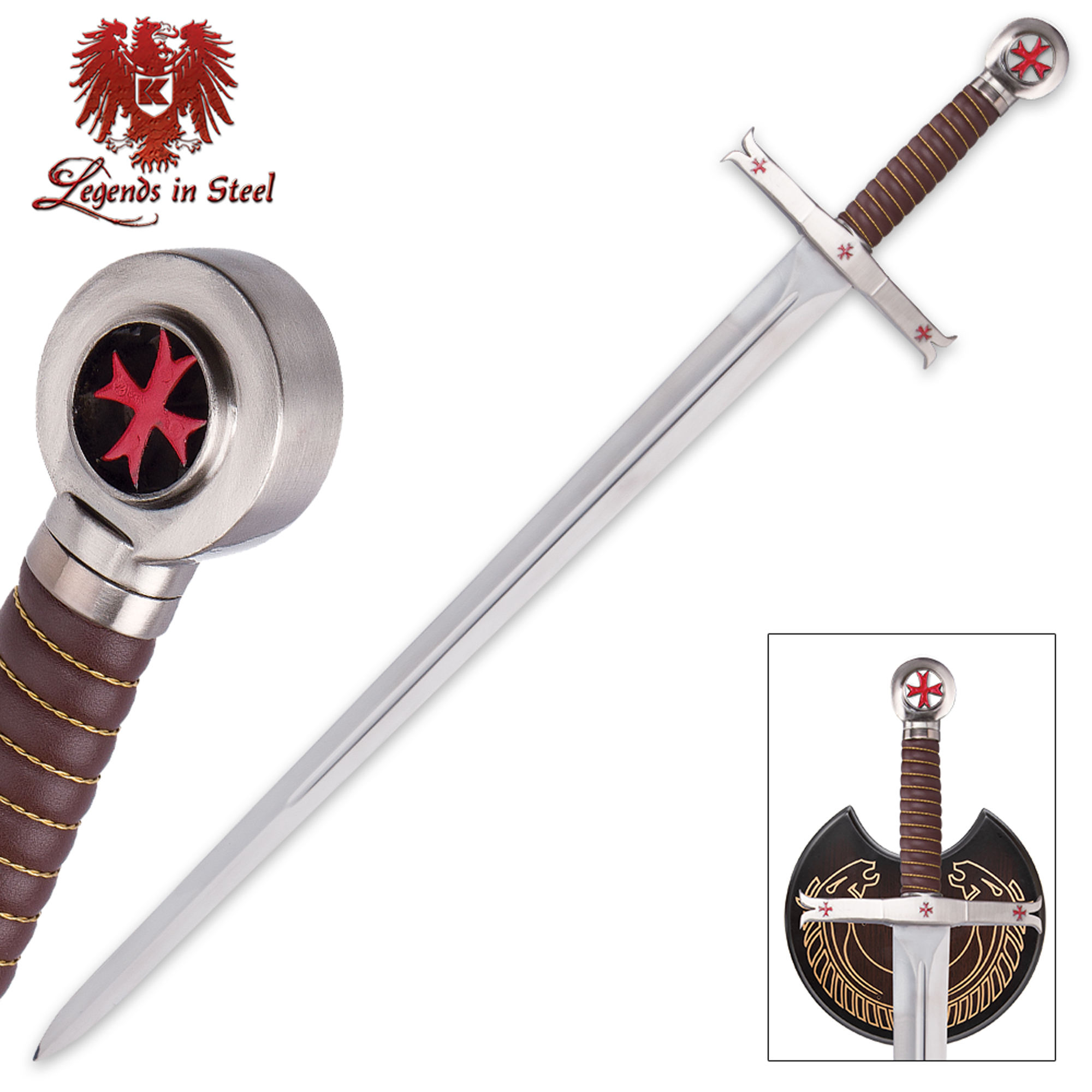 Crusader Knights Templar Sword with Wooden Display - BUDK.com